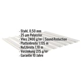 Trapezblech 20/1100, Weißaluminium RAL 9006, mit eingeblendeten Eckdaten zu Material, Stärke und Beschichtung