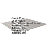 Trapezblech 20/1100 Graualuminium mit eingeblendeten Eckdaten zu Material, Staerke, Beschichtung und Garantie