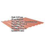 Trapezblech 20/1100 kupferbraun, Stahl 0,63 mm, mit eingeblendeten technischen Daten und Vliesbeschichtung