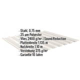 Trapezblech 20/1100, Grauweiß RAL 9002, mit eingeblendeten Eckdaten zu Material, Stärke und Beschichtung