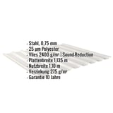 Trapezblech 20/1100, Stahl 0,75 mm, Weißaluminium RAL 9006, mit eingeblendeten Eckdaten