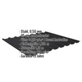 Trapezblech 20/1100 schwarz, 0,50 mm Stahl, mit eingeblendeten Eckdaten und Beschichtungsinformationen