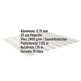 Trapezblech 20/1100 Aluminium RAL 9006 mit eingeblendeten Eckdaten zu Material, Staerke, Beschichtung und Massen