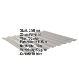 Trapezblech 20/1100 Graualuminium mit eingeblendeten Eckdaten zu Material, Staerke und Beschichtung