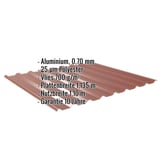Trapezblech 20/1100 Aluminium rotbraun mit eingeblendeten Eckdaten zu Material, Beschichtung, Vlies und Massen