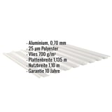Trapezblech 20/1100 Aluminium RAL 9006 mit eingeblendeten Eckdaten zu Material, Beschichtung und Massen