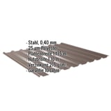 Trapezblech 20/1100 in Sepiabraun, 0,40 mm Stahl, mit eingeblendeten Eckdaten zu Material und Garantie
