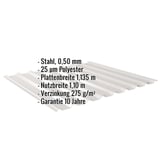 Trapezblech 20/1100 Lichtgrau mit eingeblendeten Eckdaten zu Material, Beschichtung und Massen