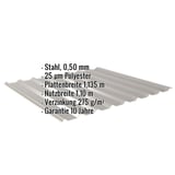 Trapezblech 20/1100, Graualuminium, Stahl 0,50 mm, mit eingeblendeten Eckdaten und Garantiehinweis