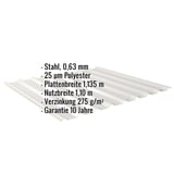 Trapezblech Dach Weißaluminium, 0,63 mm Stahl, 25 µm Polyester, mit eingeblendeten Eckdaten
