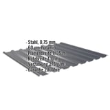 Trapezblech 20/1100 anthrazitgrau mit eingeblendeten Eckdaten: Stahl, 0,75 mm, 60 µm Puramid, Plattenbreite, Nutzbreite,