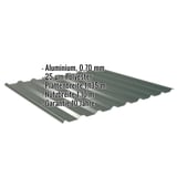 Trapezblech 20/1100 Aluminium 0,70 mm Moosgrün, Infografik mit Eckdaten und Garantie