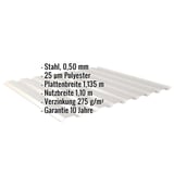Trapezblech 20/1100, Lichtgrau, mit eingeblendeten Eckdaten zu Material, Staerke und Beschichtung