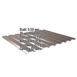 Trapezblech 20/1100 in Sepiabraun, 0,50 mm Stahl, mit eingeblendeten Eckdaten