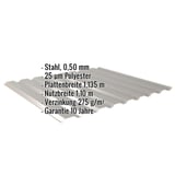 Trapezblech 20/1100, Graualuminium, mit eingeblendeten Eckdaten zu Material, Beschichtung und Massen