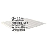 Trapezblech 20/1100 Wand, Weißaluminium, mit eingeblendeten Eckdaten zu Material, Staerke und Beschichtung