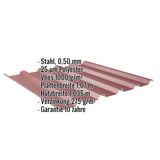 Trapezblech 35/207 weinrot, Stahl 0,50 mm, mit eingeblendeten Eckdaten zu Material, Beschichtung und Massen