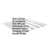 Trapezblech 35/207 Lichtgrau mit Anti-Tropf-Vlies, Eckdaten wie Material, Staerke und Beschichtung eingeblendet