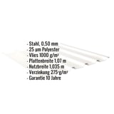 Trapezblech 35/207 Reinweiß mit eingeblendeten Eckdaten zu Material, Beschichtung und Garantie