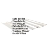 Trapezblech 35/207, Grauweiß, mit eingeblendeten technischen Daten und Garantiehinweis