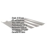 Trapezblech 35/207 Graualuminium mit eingeblendeten technischen Daten und Garantiehinweis