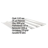 Trapezblech 35/207, Weißaluminium, mit eingeblendeten Eckdaten zu Material, Staerke, Beschichtung und Garantie