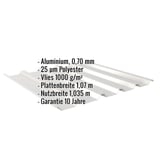 Trapezblech 35/207 Aluminium Weißaluminium RAL 9006 mit eingeblendeten Eckdaten zu Material, Stärke, Beschichtung und Maßen