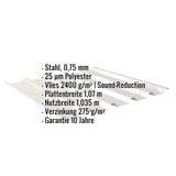 Trapezblech 35/207 Grauweiß mit eingeblendeten technischen Daten Stahl, 0,75 mm, 25 µm Polyester, Vlies 2400 g/m²,