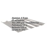 Trapezblech 35/207 Aluminium, 0,70 mm, Graualuminium RAL 9007, mit eingeblendeten Eckdaten und Garantiehinweis