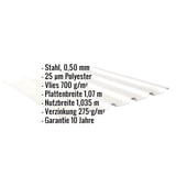 Trapezblech 35/207 Reinweiß (RAL 9010) mit eingeblendeten Eckdaten zu Material, Stärke und Beschichtung