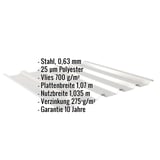 Trapezblech 35/207 in Weißaluminium, Stahl 0,63 mm, mit Anti-Tropf-Vlies, Eckdaten eingeblendet
