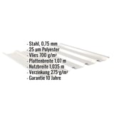 Trapezblech 35/207, Grauweiß, mit eingeblendeten Eckdaten zu Material, Stärke, Beschichtung und Maßen