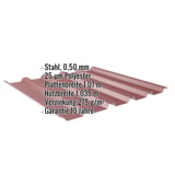 Trapezblech 35/207 weinrot, 0,50 mm Stahl, mit eingeblendeten Produktdaten als Infografik