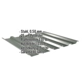 Trapezblech 35/207 Chromoxidgrün, 0,50 mm Stahl, mit eingeblendeten Eckdaten zu Material, Stärke und Garantie