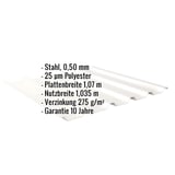 Trapezblech 35/207 Reinweiß mit eingeblendeten technischen Daten und Garantiehinweis