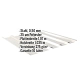 Trapezblech 35/207, Grauweiß, 0,50 mm Stahl, mit eingeblendeten Eckdaten und Garantiehinweis