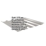 Trapezblech 35/207 Graualuminium mit eingeblendeten Eckdaten zu Material, Staerke und Beschichtung