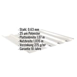 Trapezblech 35/207, Grauweiß, mit eingeblendeten Eckdaten zu Material, Stärke und Garantie