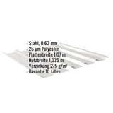 Trapezblech 35/207, Weißaluminium, mit eingeblendeten Eckdaten zu Material, Stärke und Beschichtung