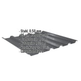 Trapezblech 35/207 dunkelgrau, 0,50 mm Stahl mit 35 µm Mattpolyester-Beschichtung, Eckdaten eingeblendet