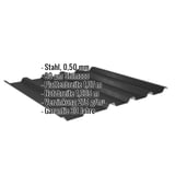 Trapezblech 35/207 Tiefschwarz, Stahl 0,50 mm, mit eingeblendeten Eckdaten zu Material und Beschichtung