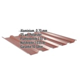 Trapezblech 35/207 Aluminium 0,70 mm Rotbraun, mit eingeblendeten Eckdaten zu Material, Staerke und Garantie