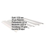 Trapezblech 35/207 Wand, Stahl 0,50 mm, Lichtgrau RAL 7035, mit eingeblendeten Eckdaten