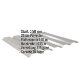 Trapezblech 35/207 Wand, Graualuminium, mit eingeblendeten Eckdaten zu Material, Staerke und Beschichtung