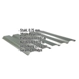 Trapezblech 35/207 Wand Chromoxidgrün mit eingeblendeten Eckdaten zu Material, Stärke und Beschichtung
