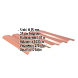 Trapezblech 35/207 Wand Kupferbraun mit eingeblendeten Eckdaten Stahl 0,75 mm und 25 µm Polyesterbeschichtung