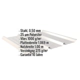 Trapezblech 45/333 Lichtgrau, 0,50 mm Stahl, mit eingeblendeten Eckdaten zu Material und Massen