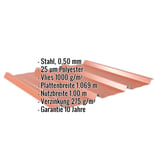 Trapezblech 45/333 kupferbraun mit eingeblendeten Eckdaten: Stahl, 0,50 mm, 25 µm Polyester, Vlies 1000 g/m²