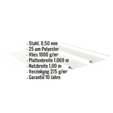 Trapezblech 45/333 Reinweiß mit eingeblendeten Eckdaten zu Material, Stärke, Beschichtung und Maßen