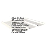 Trapezblech 45/333, Grauweiß RAL 9002, mit eingeblendeten Eckdaten zu Material, Stärke und Beschichtung